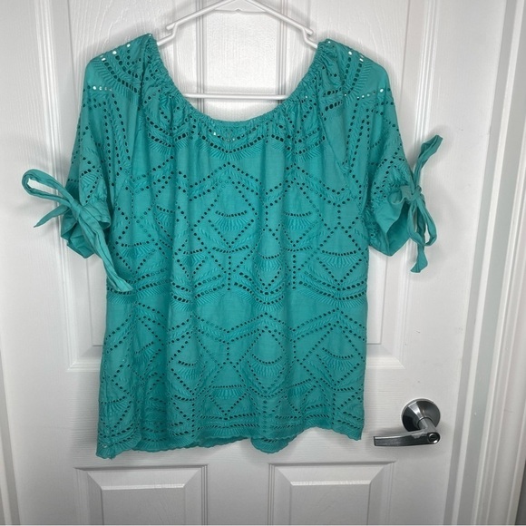 Sundance Paulina Cotton Eyelet Shirt in Aqua Blue Beach Coastal Oversized XS - Picture 2 of 9